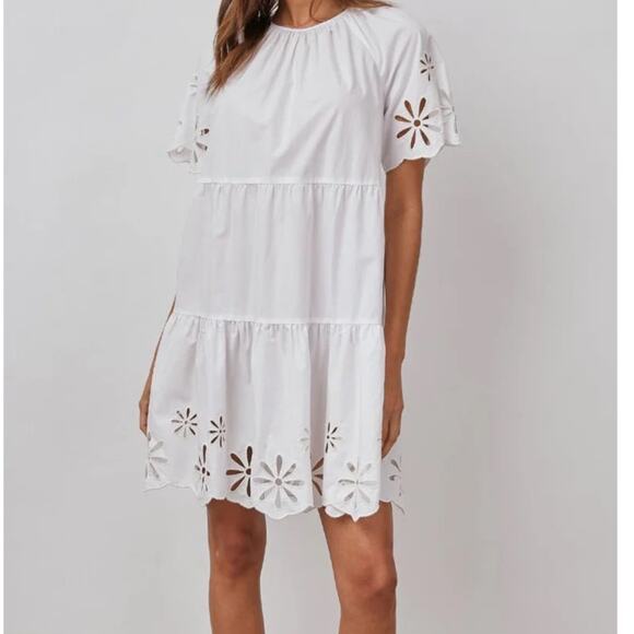 Rails Arielle White Eyelet Cotton Blend Short Sleeve Mini Layered Ruffle Dress - Picture 1 of 16